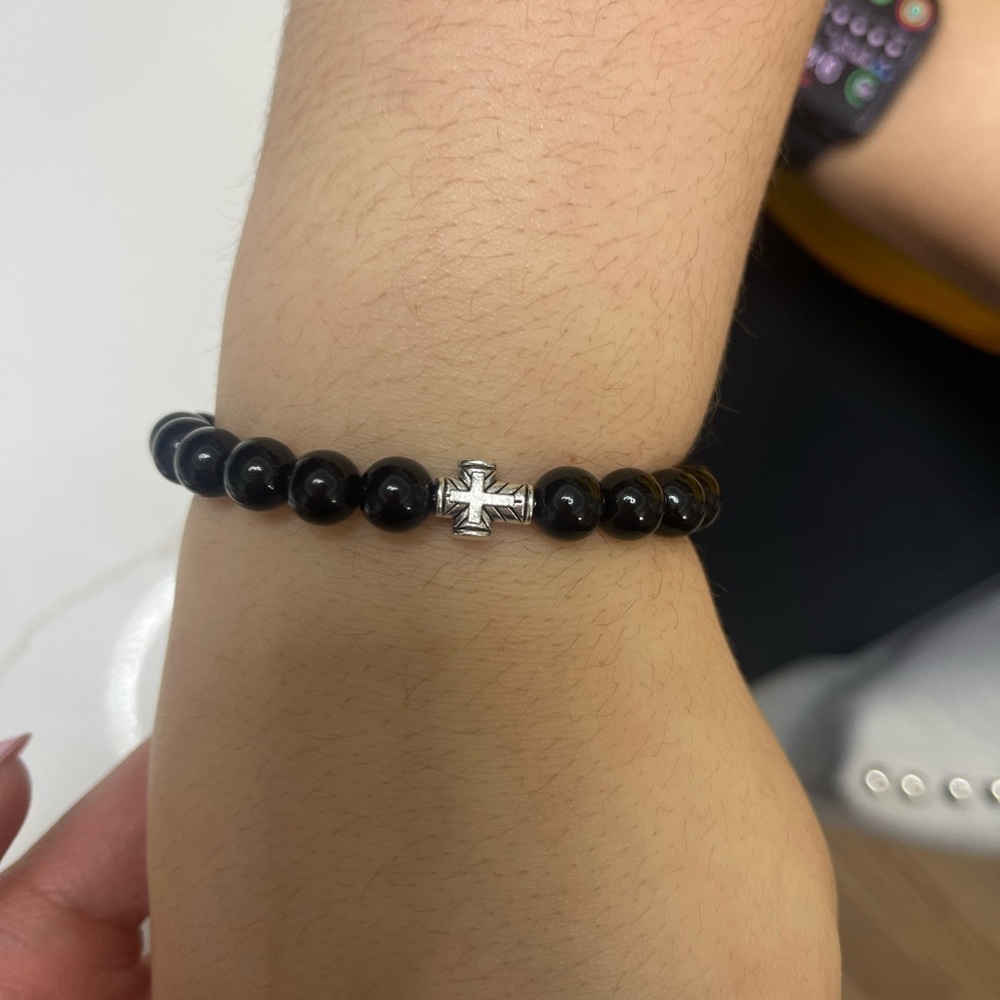 New handmade black onyx bead bracelet with cross